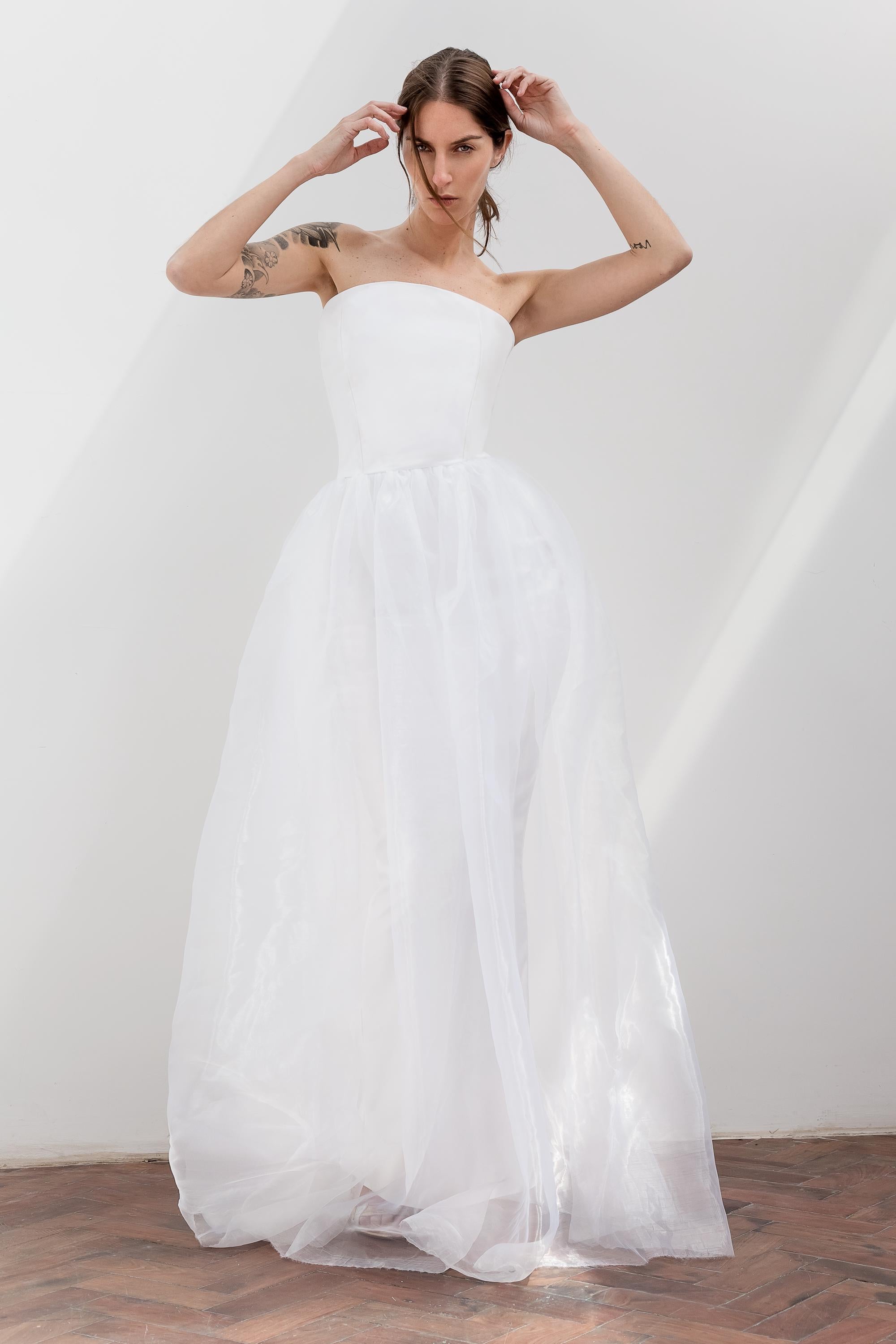 Strapless Satin Corset Gown with Organza Overskirt