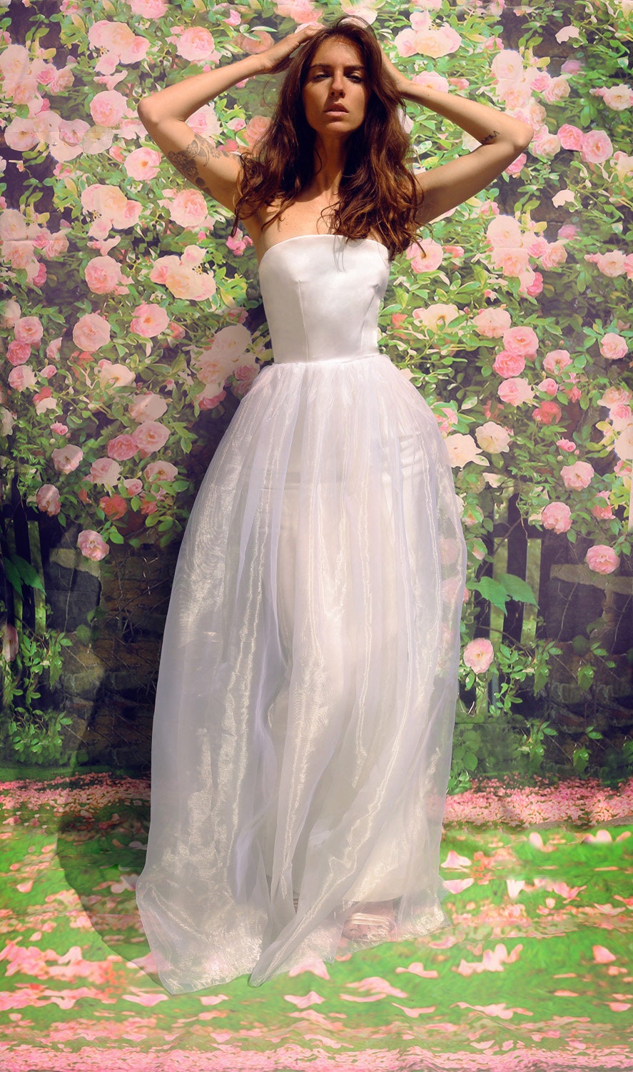 Strapless Satin Corset Gown with Organza Overskirt