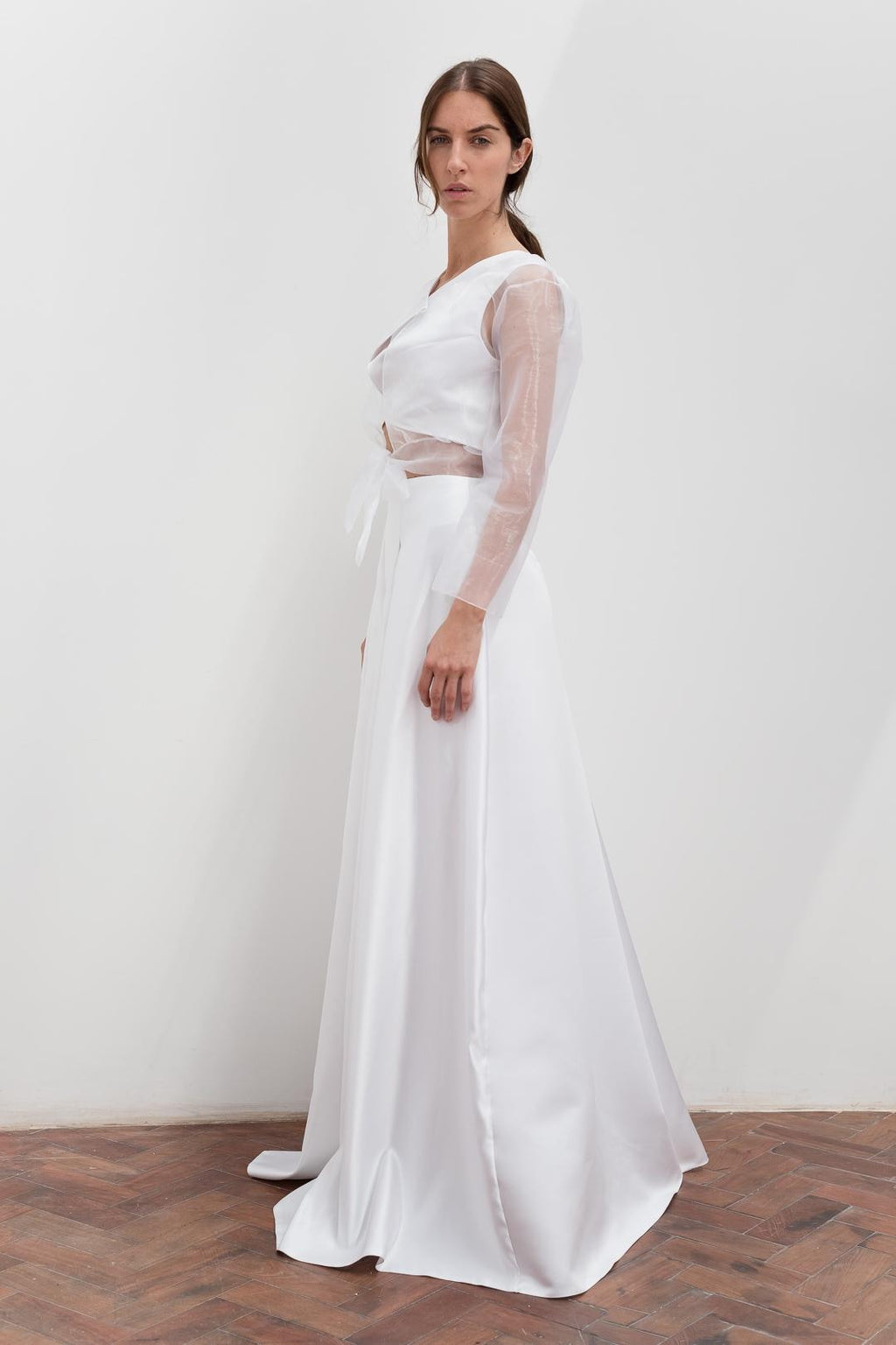Satin Wide-Leg Trousers & Sheer Organza Sleeve Top Set