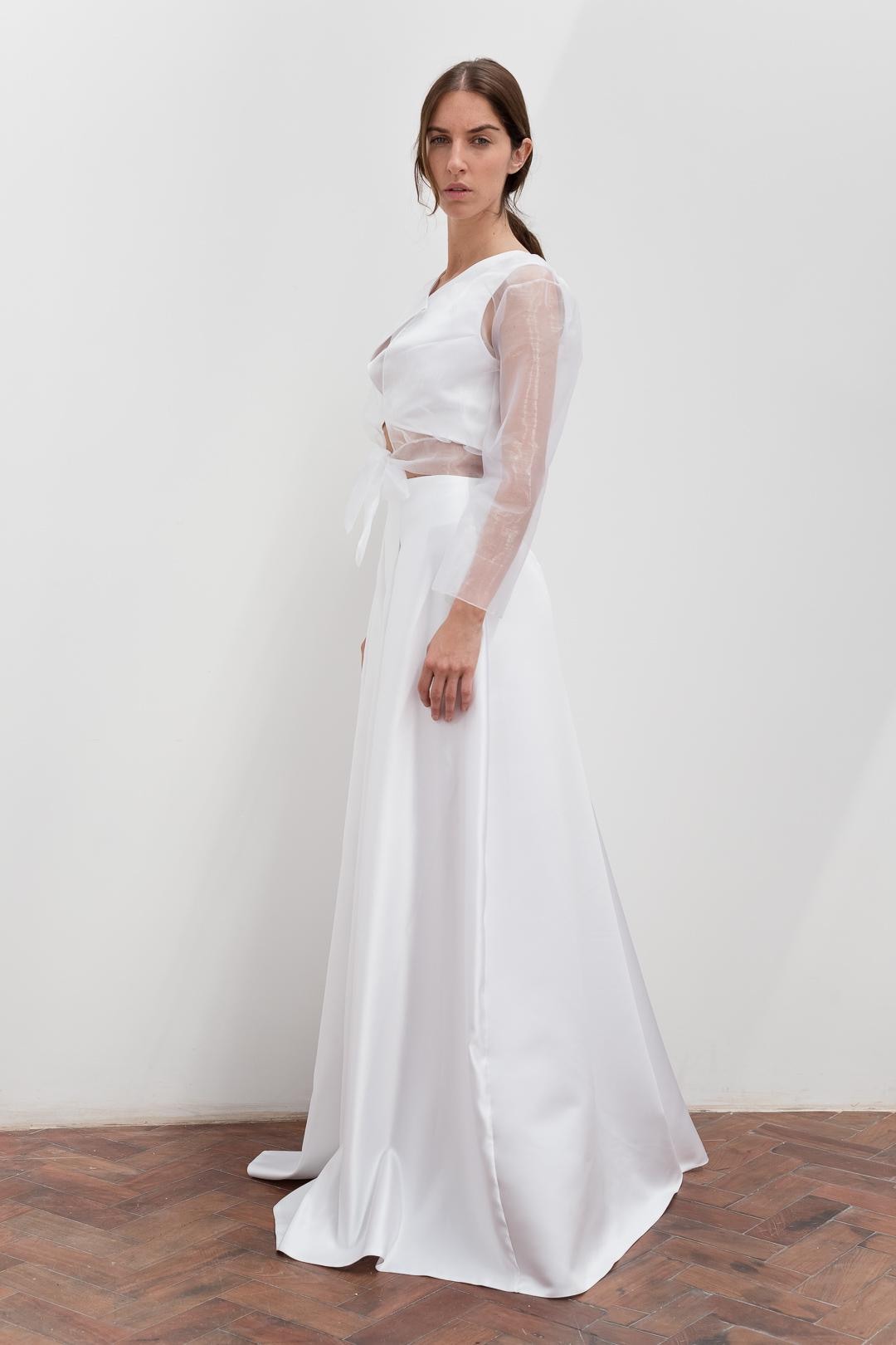 Satin Wide-Leg Trousers & Sheer Organza Sleeve Top Set