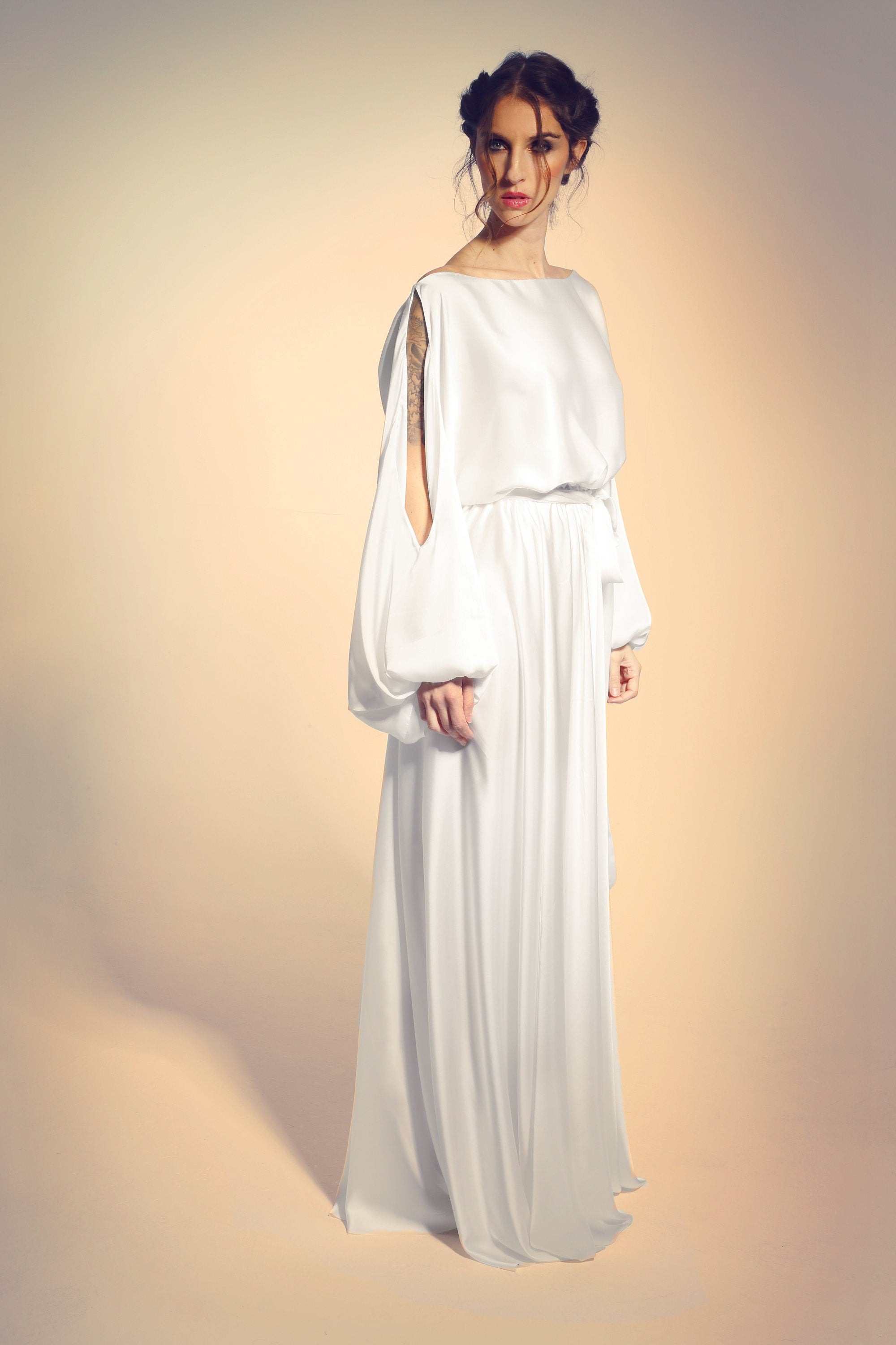 Off-Shoulder Satin Set – Balloon Sleeve Top & Maxi Skirt with Belt, Made to Measure