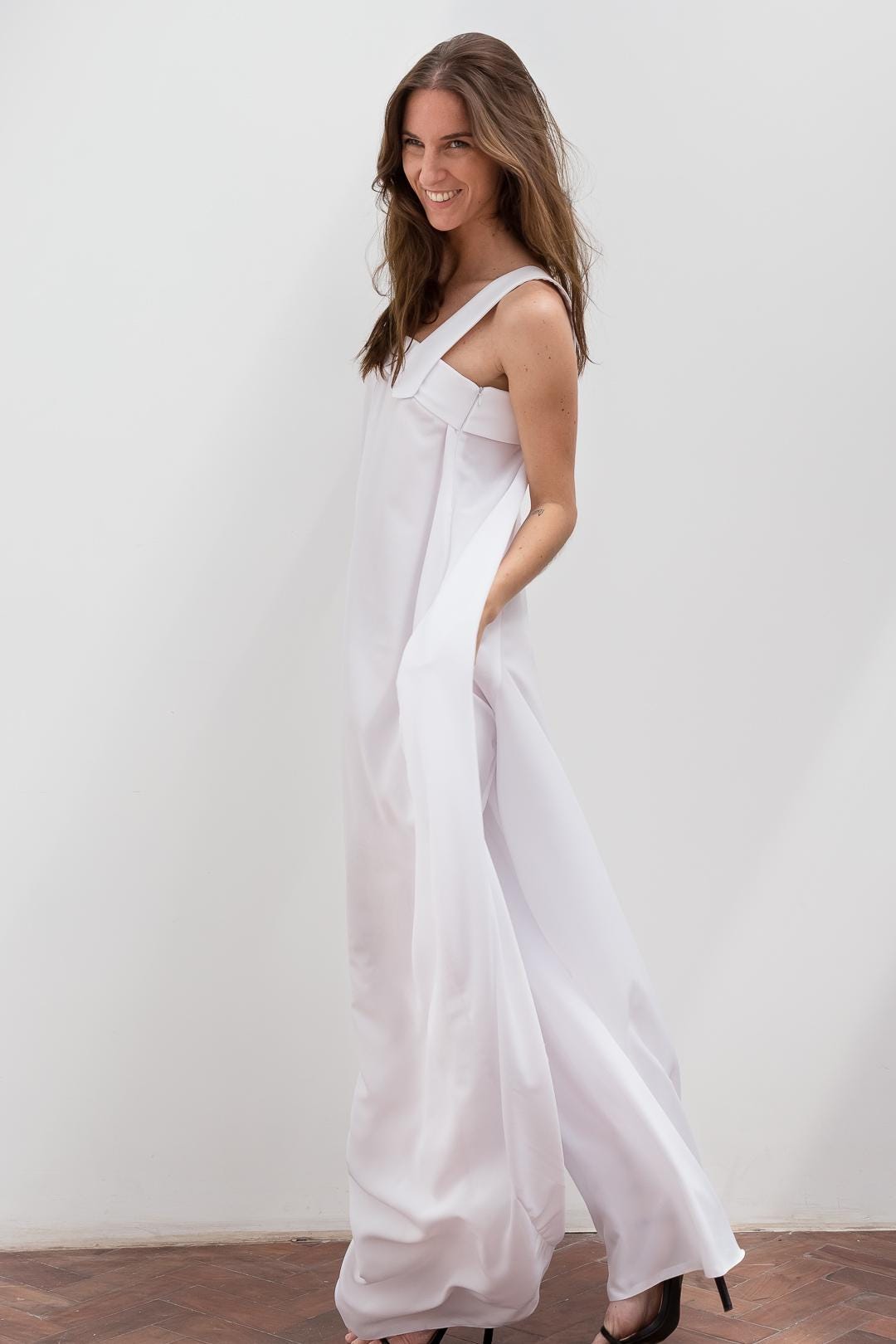 Crepe Satin Wide-Leg Jumpsuit with Square Neckline