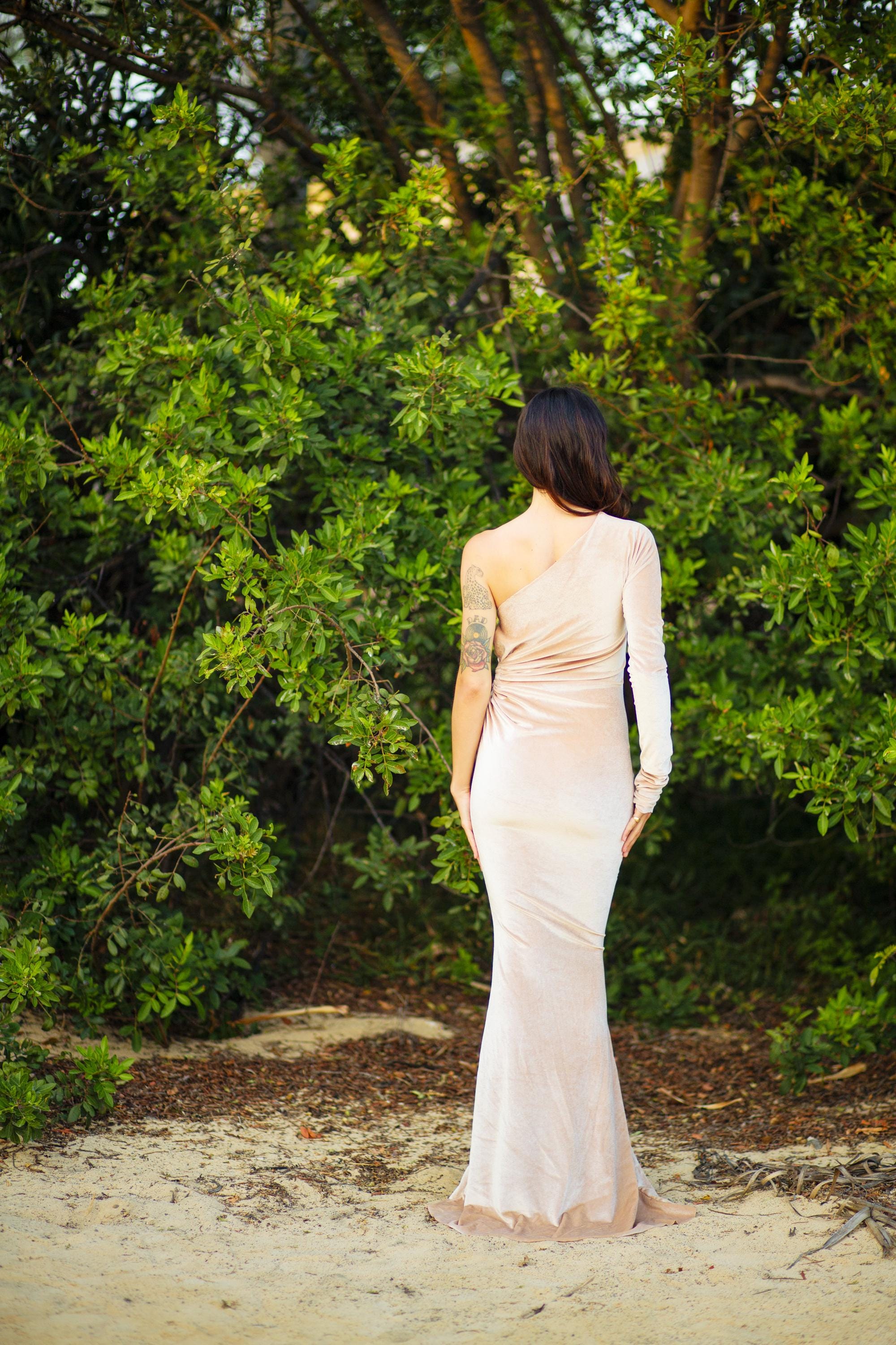 One-Sleeve Velvet Maxi Gown – Ring Waist Detail & Side Cut-Out, Made to Measure