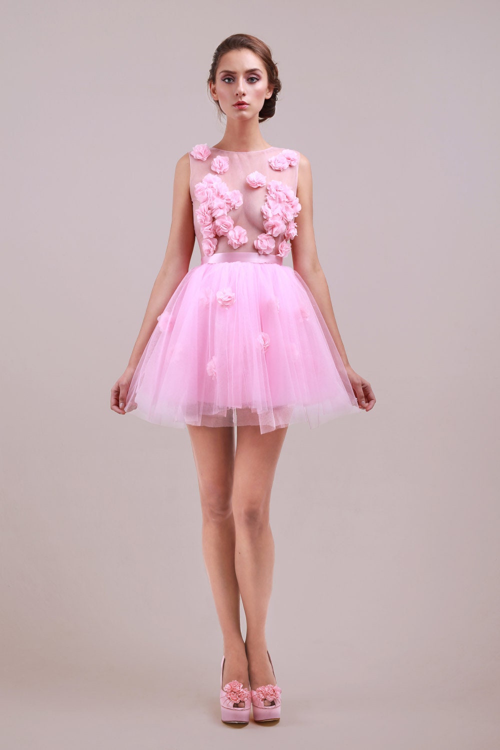 Candy Rosa – Mini-robe en tulle floral 3D avec appliqués floraux, sur mesure