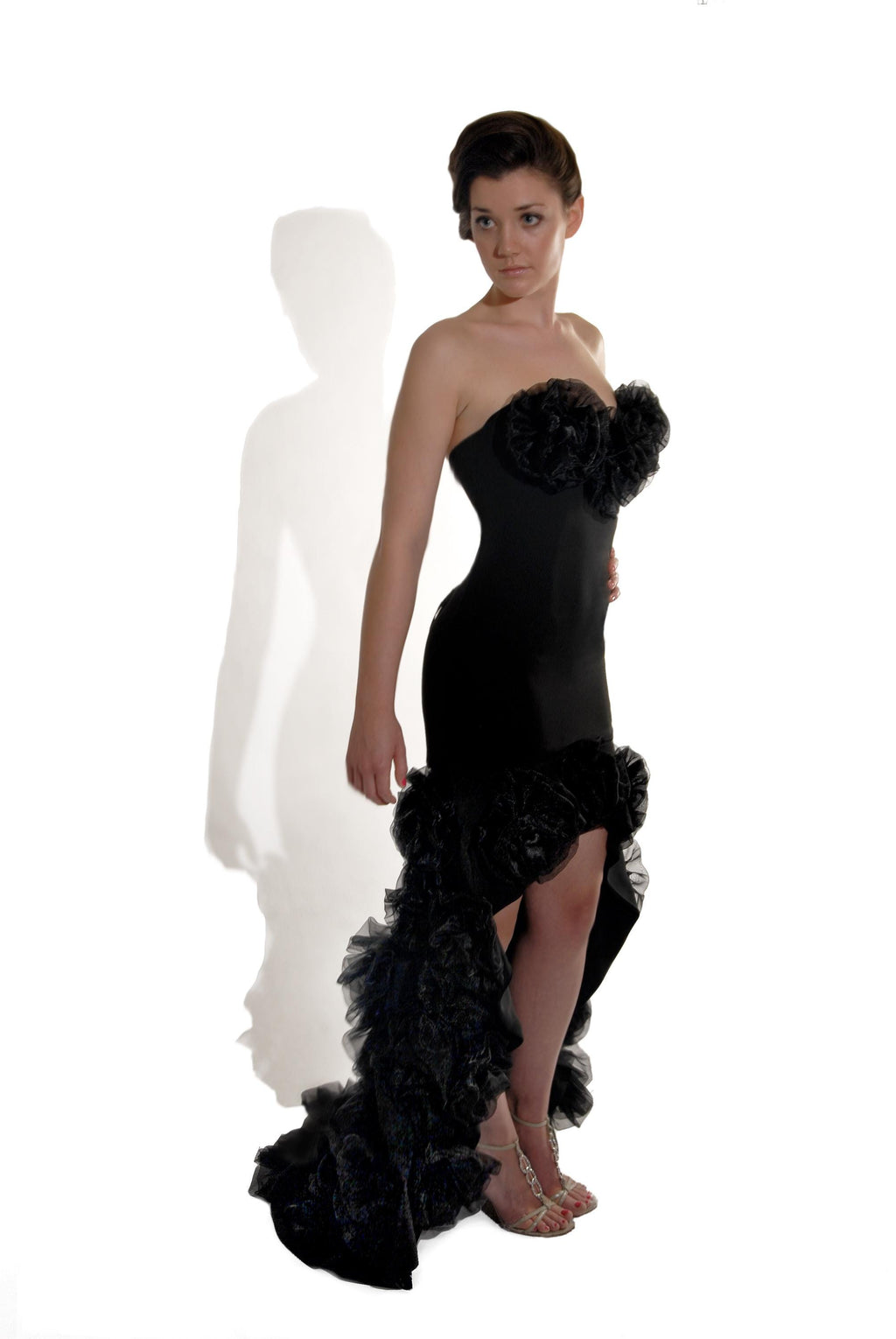Black Ruffled High-Low Evening Gown – Strapless Corset Back, Made to Measure