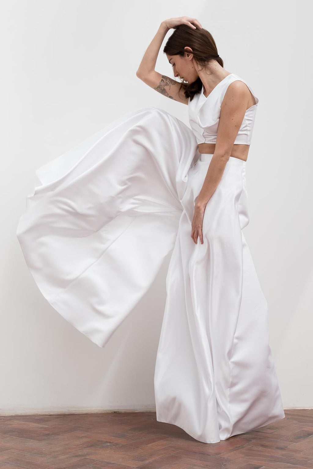 Satin Wide-Leg Trousers & Sheer Organza Sleeve Top Set