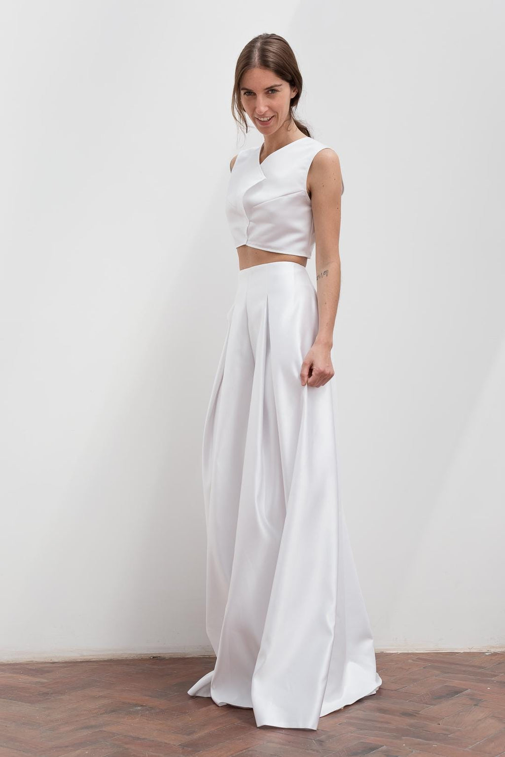 Satin Wide-Leg Trousers & Sheer Organza Sleeve Top Set