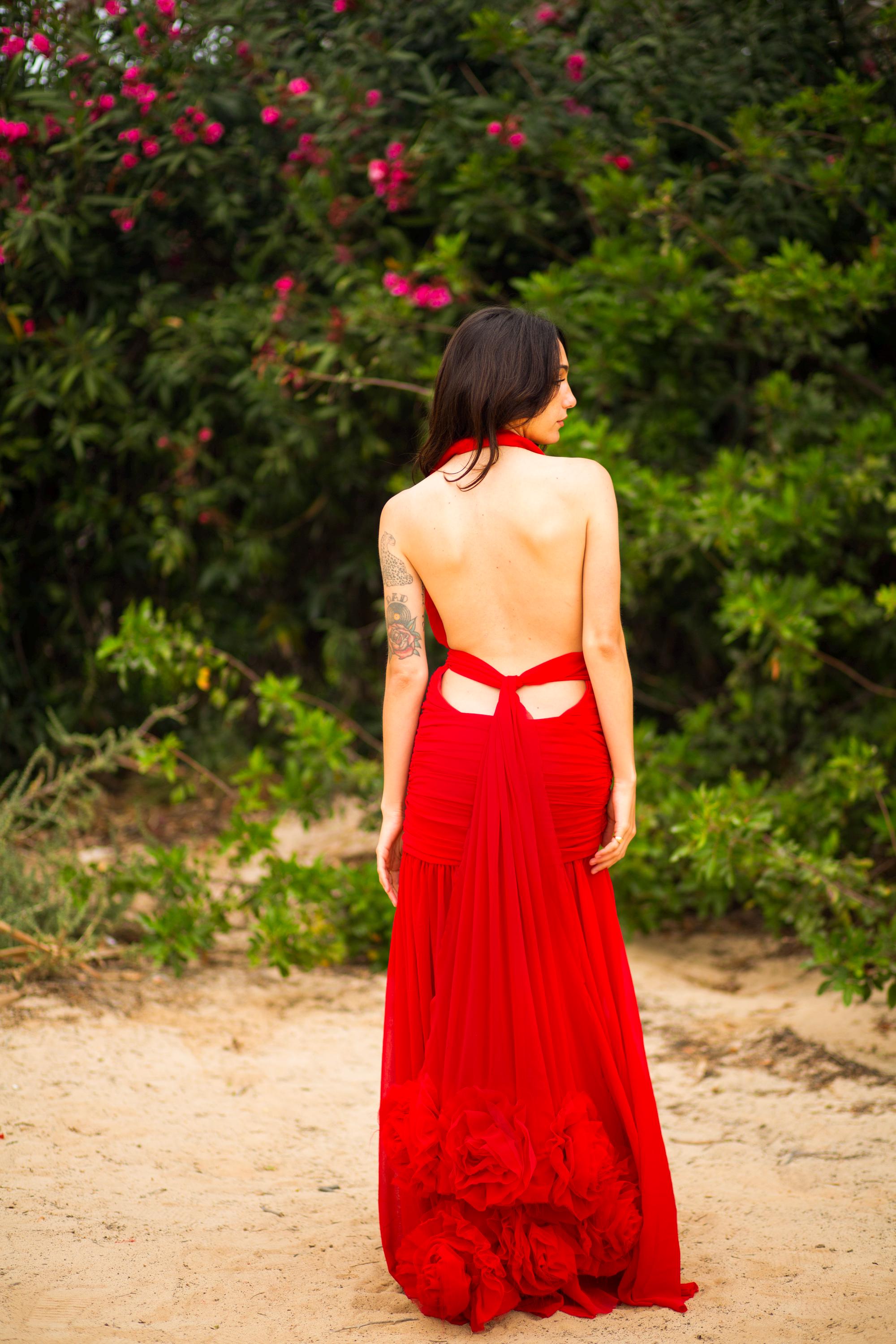 Robe Hollywood – Robe dos nu en mousseline de georgette avec ceinture ornée d'une rosette, sur mesure