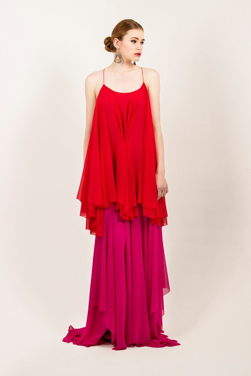 Robe de soirée en mousseline bicolore orange et rose