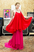 Robe de soirée en mousseline bicolore orange et rose