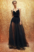 Robe longue en tulle noir – Corsage en velours avec rosettes et robe longue transparente