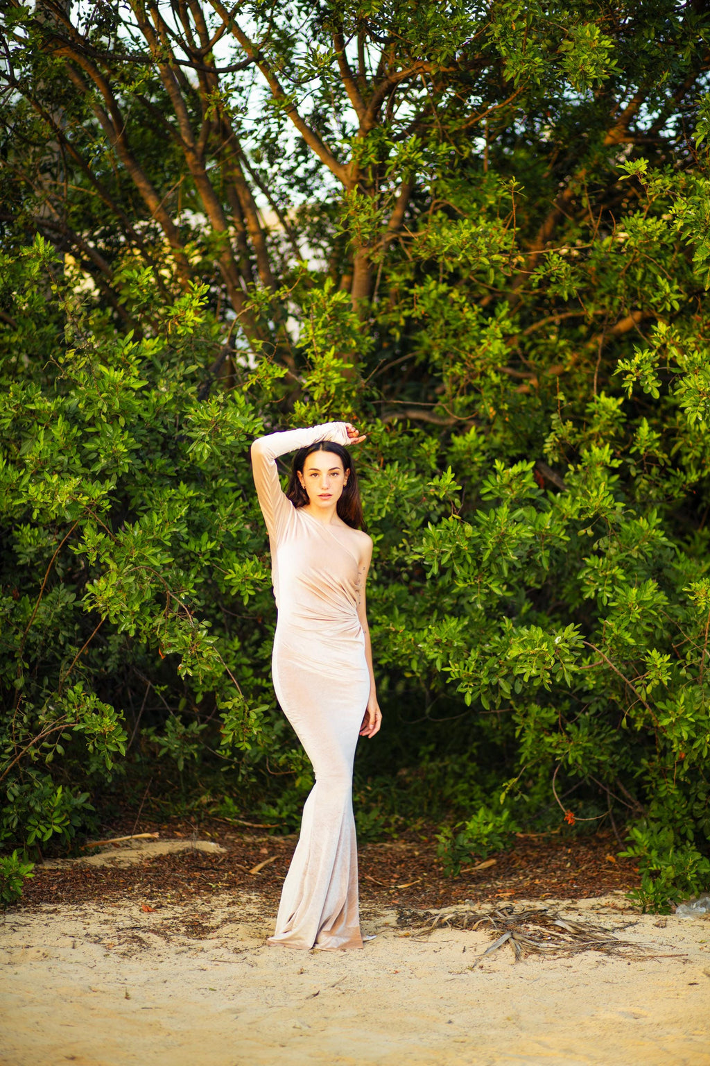 One-Sleeve Velvet Maxi Gown – Ring Waist Detail & Side Cut-Out, Made to Measure