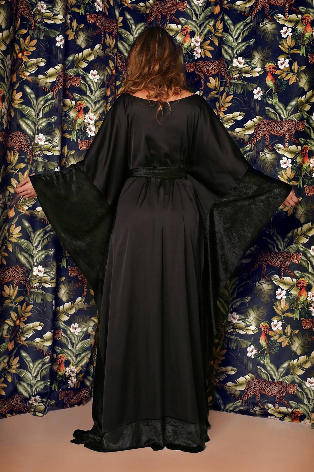 Satin Kimono Dress with Velvet Edges & Waist Belt