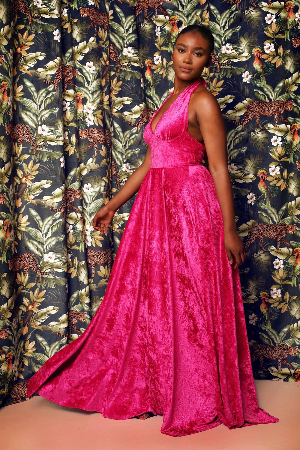 Halter Neck Velvet Evening Gown with Open Back