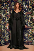 Satin Kimono Dress with Velvet Edges & Waist Belt