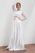 Satin Wide-Leg Trousers & Sheer Organza Sleeve Top Set