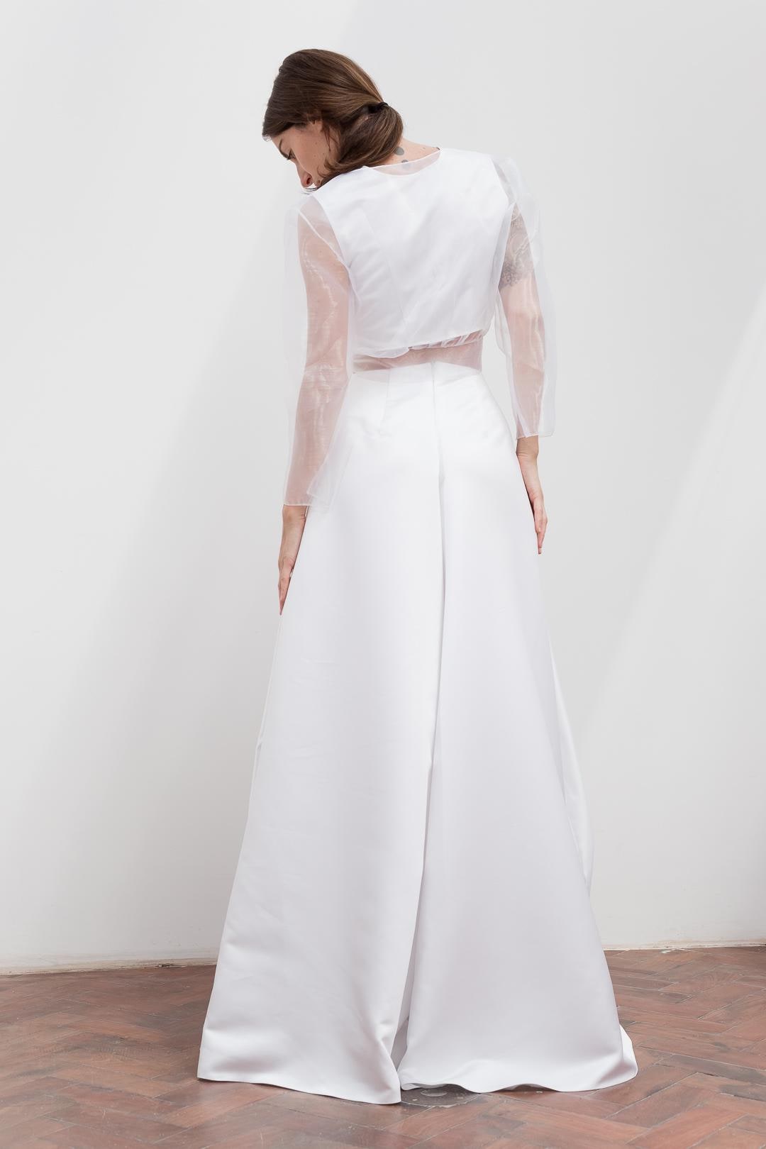 Satin Wide-Leg Trousers & Sheer Organza Sleeve Top Set