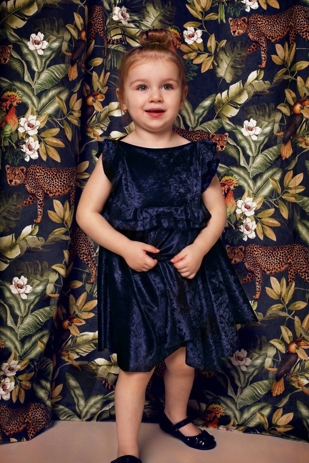 Girls Velvet Party Dress with Frill Shoulders