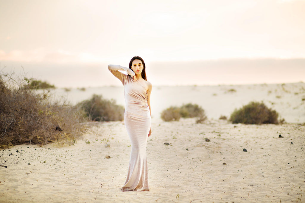 One-Sleeve Velvet Maxi Gown – Ring Waist Detail & Side Cut-Out, Made to Measure