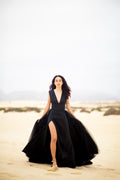 Taffeta & Tulle Evening Gown – Deep V-Neck, Open Back & High Slit, Made to Measure