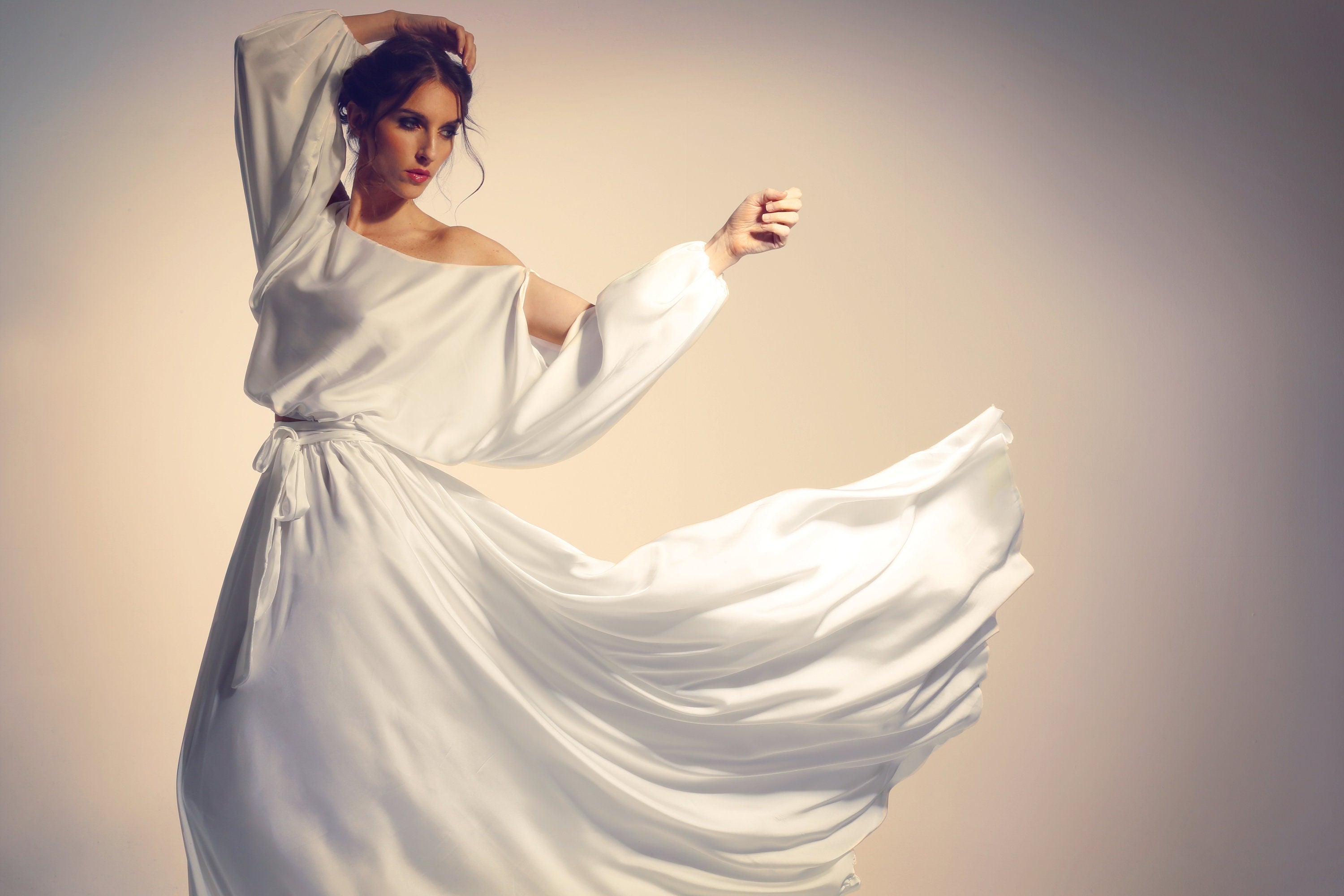 Off-Shoulder Satin Set – Balloon Sleeve Top & Maxi Skirt with Belt, Made to Measure