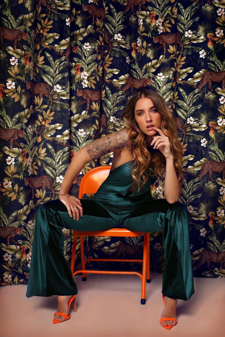 Velvet Halter Jumpsuit with Open Back & Wide Leg