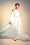Off-Shoulder Satin Set – Balloon Sleeve Top & Maxi Skirt with Belt, Made to Measure