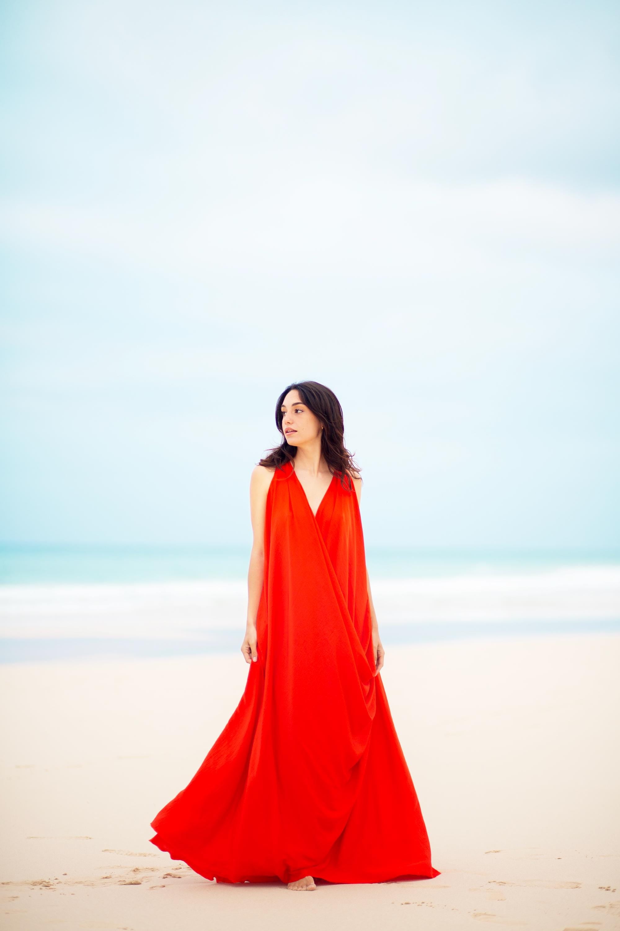 Draped Grecian Maxi Gown – Deep V-Neck, Side Slits & Toga Drape, Made to Measure
