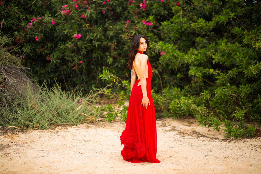 Robe Hollywood – Robe dos nu en mousseline de georgette avec ceinture ornée d'une rosette, sur mesure