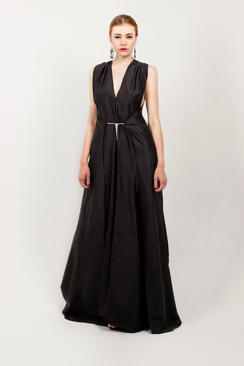 Gold Chain — Black Evening Gown with Chain Detail
