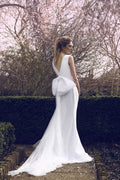 Nikole – Robe de mariée en tulle et satin duchesse, col en V, avec nœud amovible