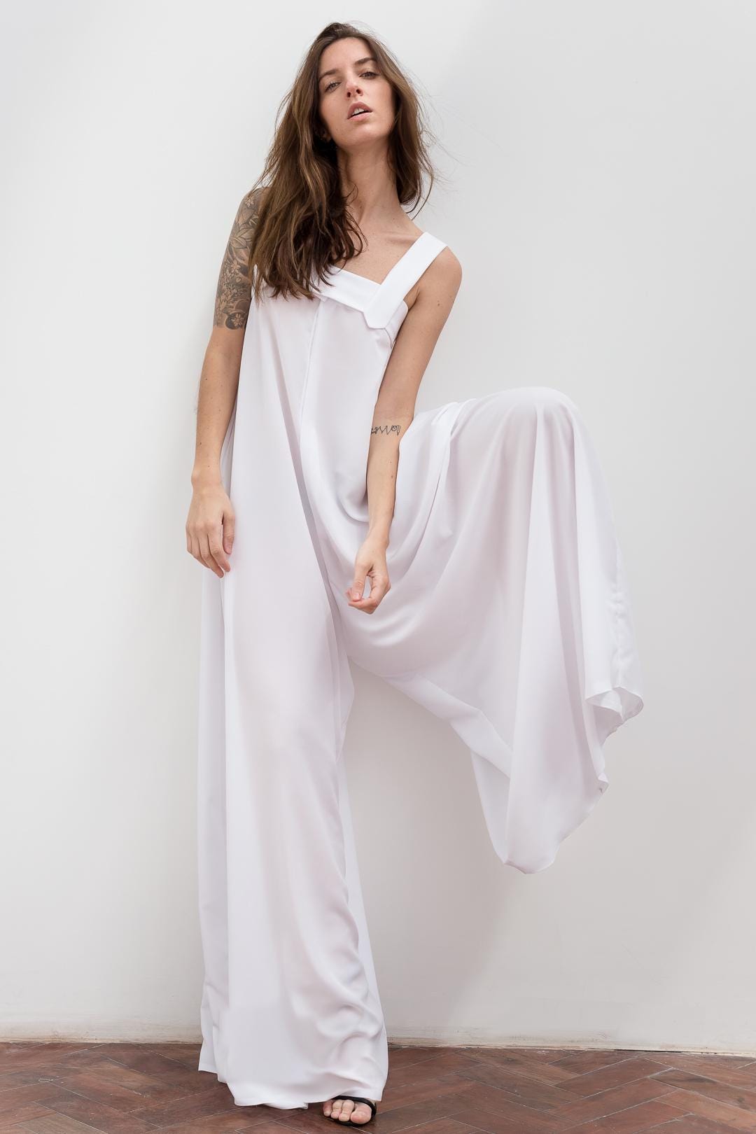 Crepe Satin Wide-Leg Jumpsuit with Square Neckline