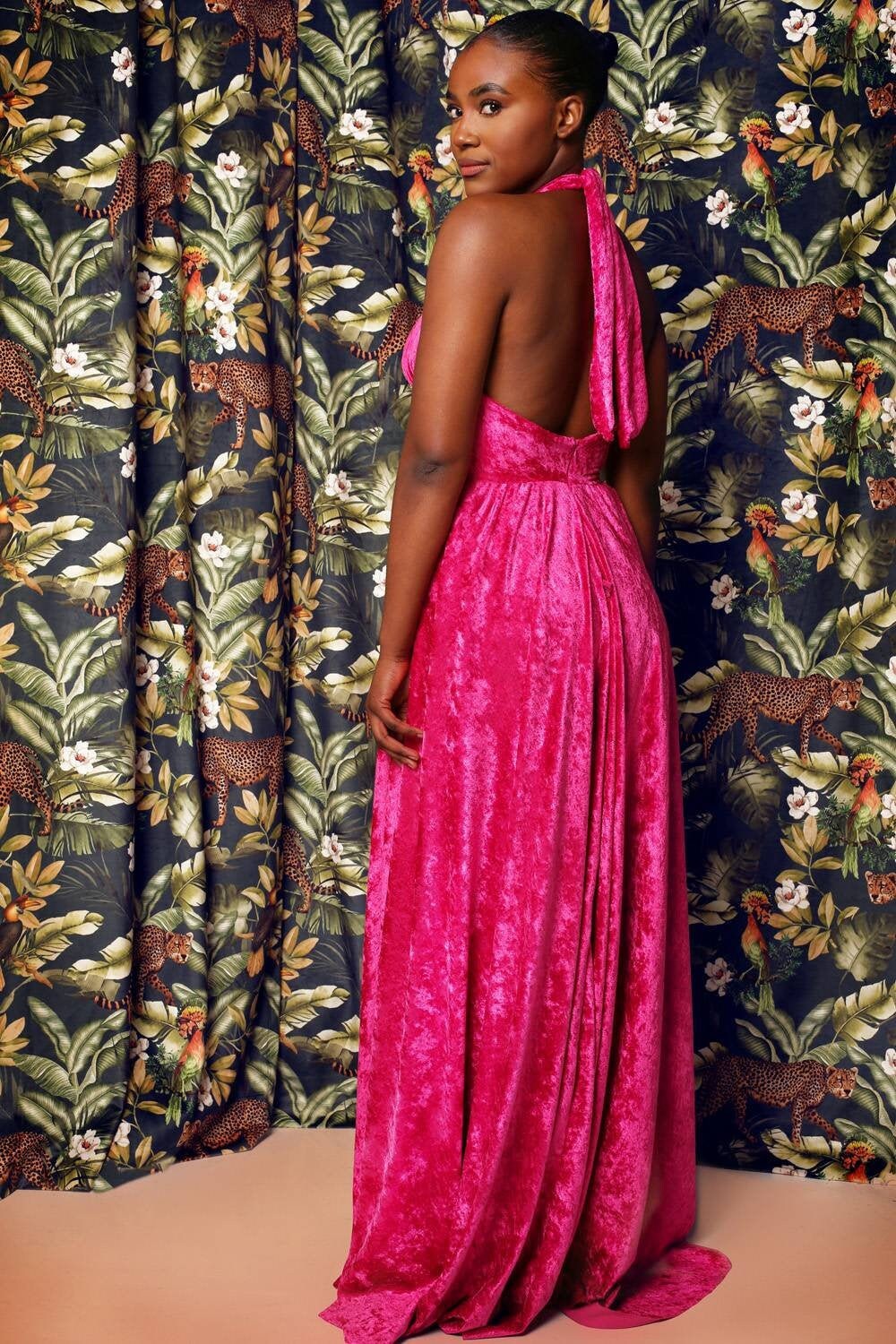Halter Neck Velvet Evening Gown with Open Back