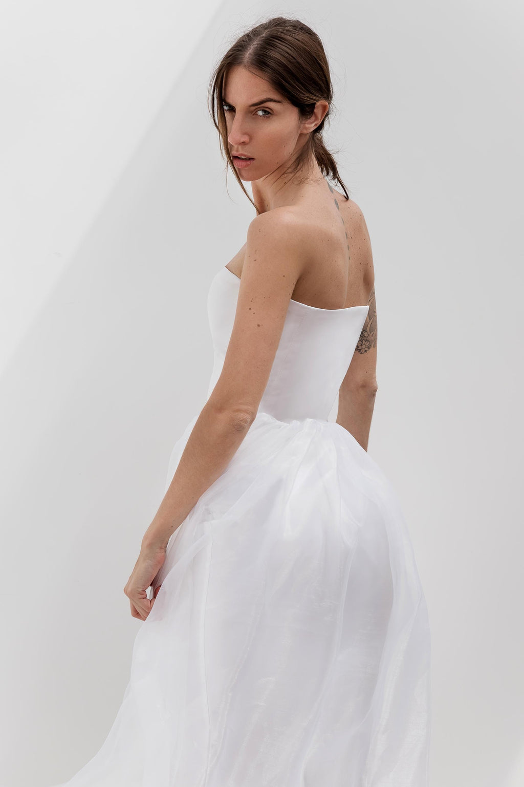 Strapless Satin Corset Gown with Organza Overskirt