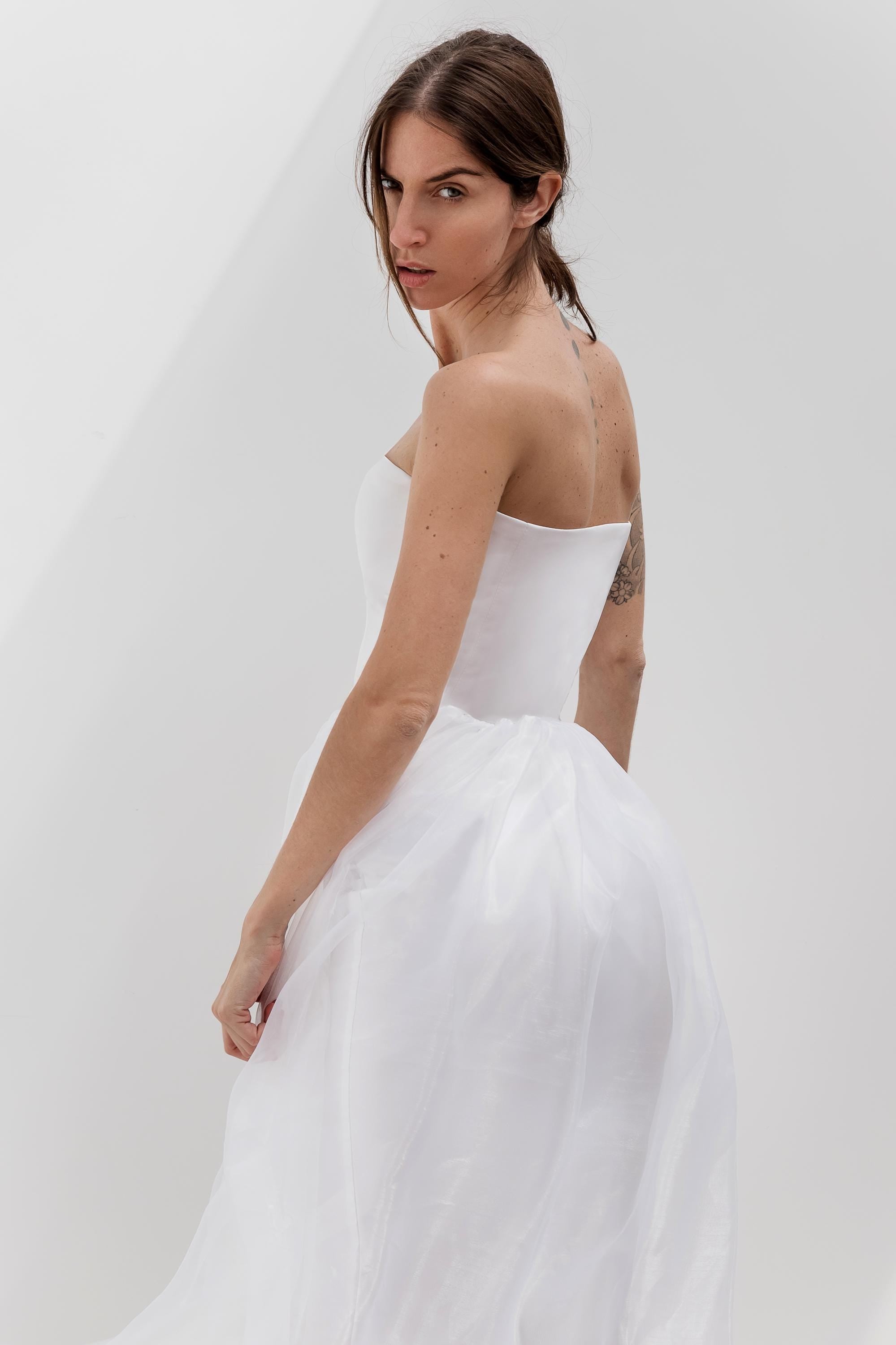 Strapless Satin Corset Gown with Organza Overskirt