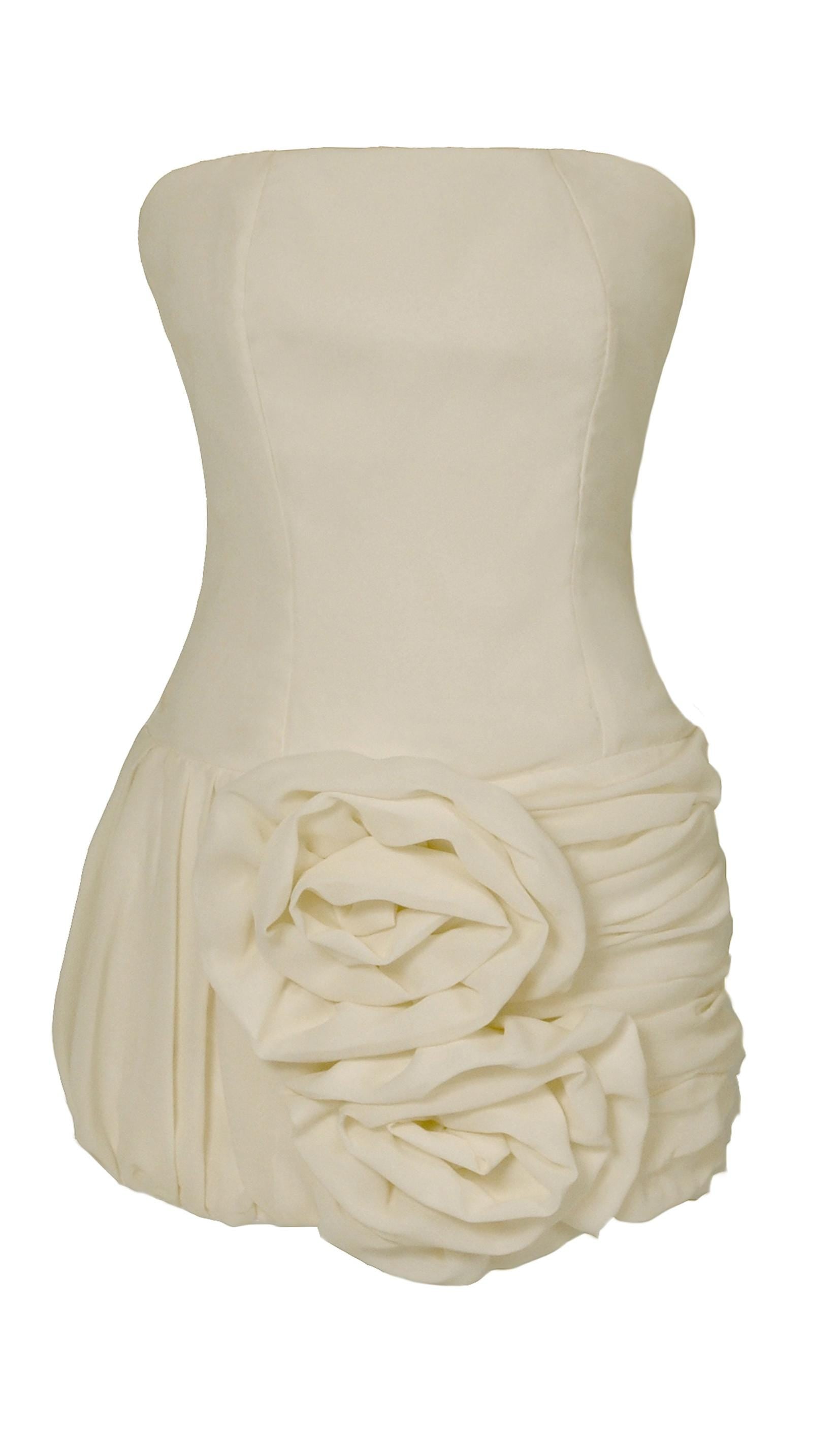 Blanche – Mini-robe de mariée bustier avec dos corset et détail de rose sur la hanche