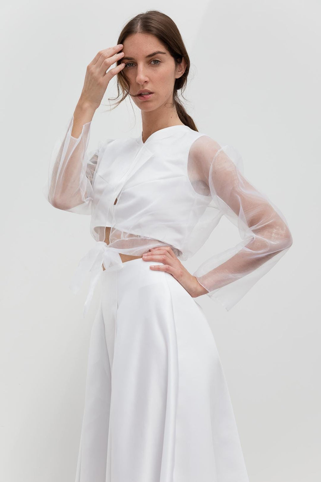 Satin Wide-Leg Trousers & Sheer Organza Sleeve Top Set