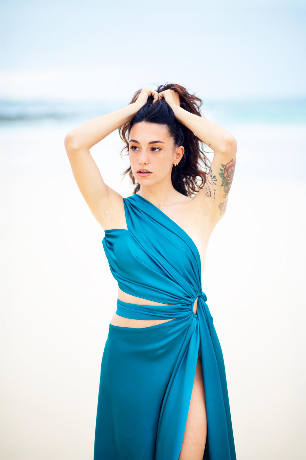 Satin One-Shoulder Maxi Gown – Cut-Out Ring Detail, High Slit & Open Back, Made to Measure