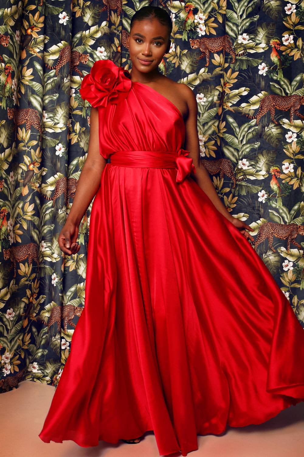 Rosso – One-Shoulder Satin Evening Gown with Handmade Flower