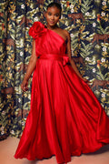 Rosso – One-Shoulder Satin Evening Gown with Handmade Flower