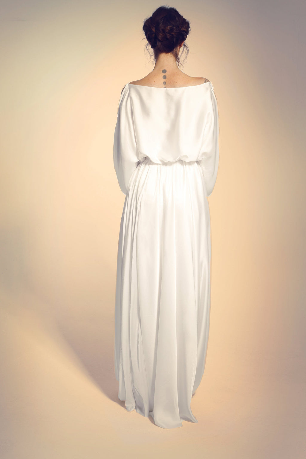 Off-Shoulder Satin Set – Balloon Sleeve Top & Maxi Skirt with Belt, Made to Measure