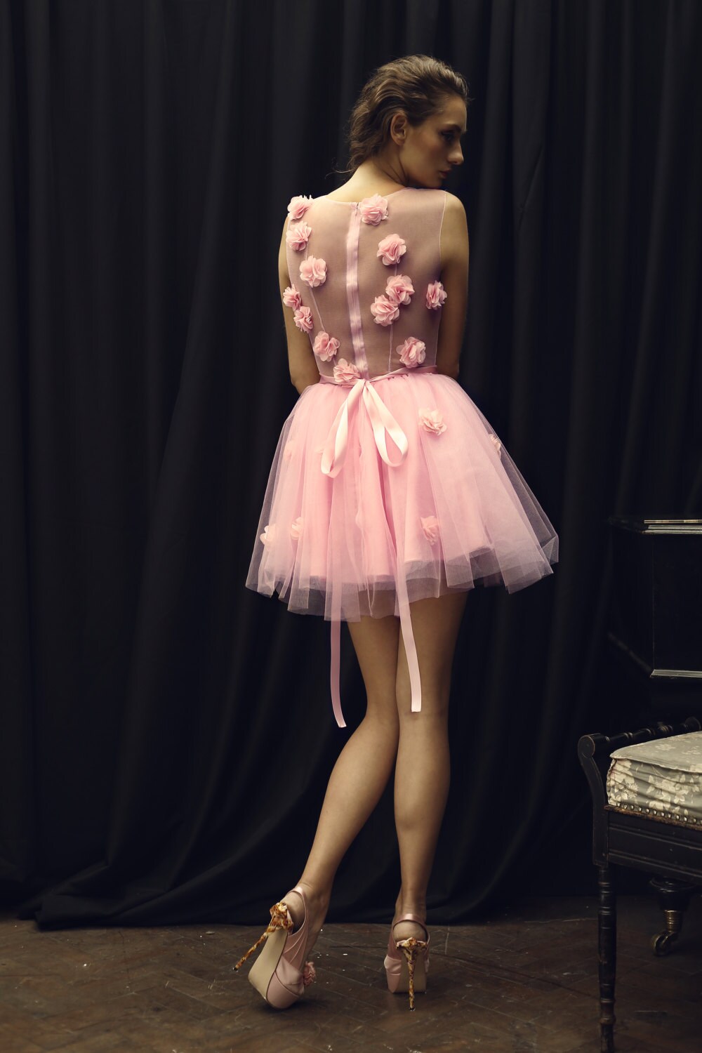 Candy Rosa – Mini-robe en tulle floral 3D avec appliqués floraux, sur mesure