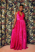 Halter Neck Velvet Evening Gown with Open Back