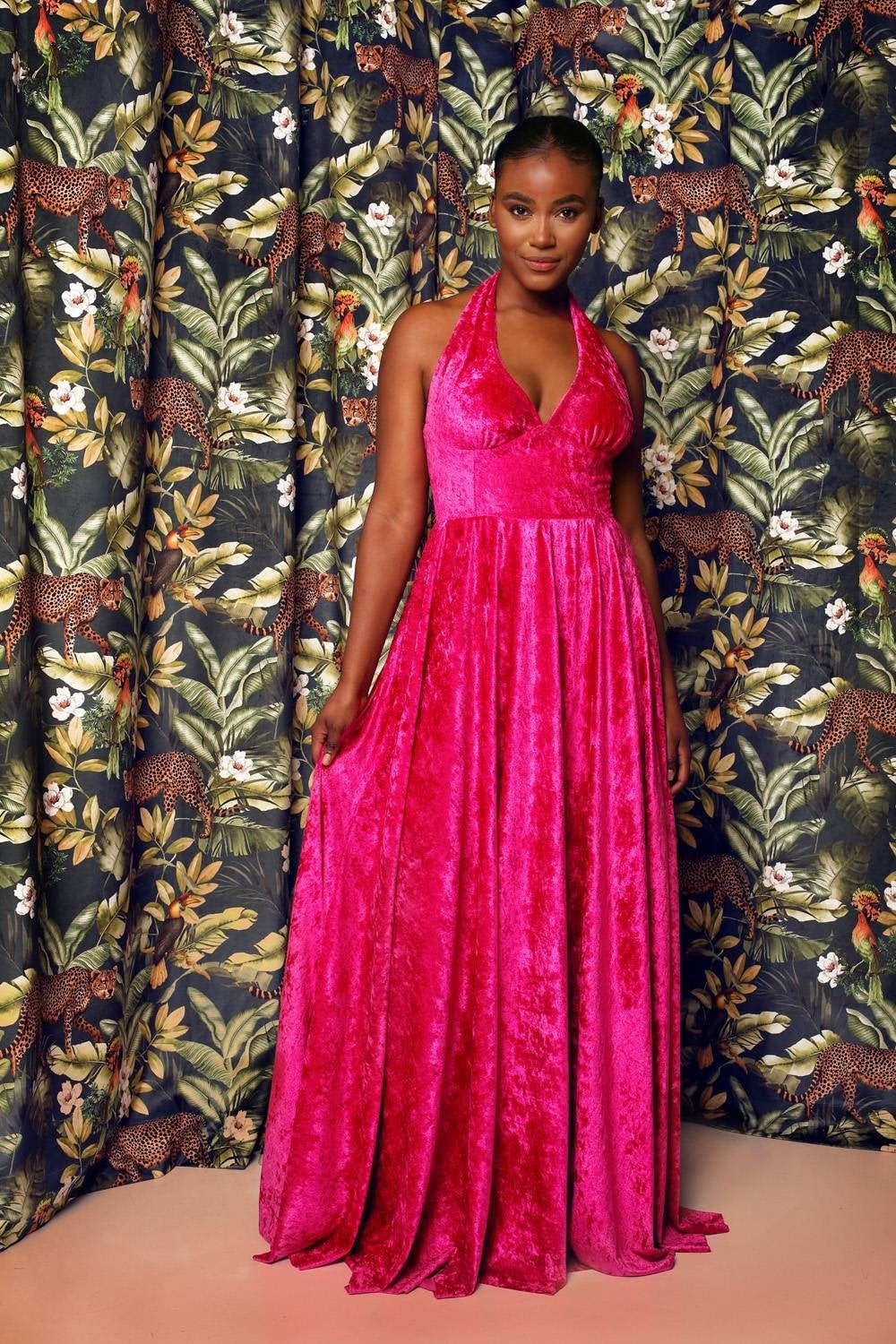 Halter Neck Velvet Evening Gown with Open Back