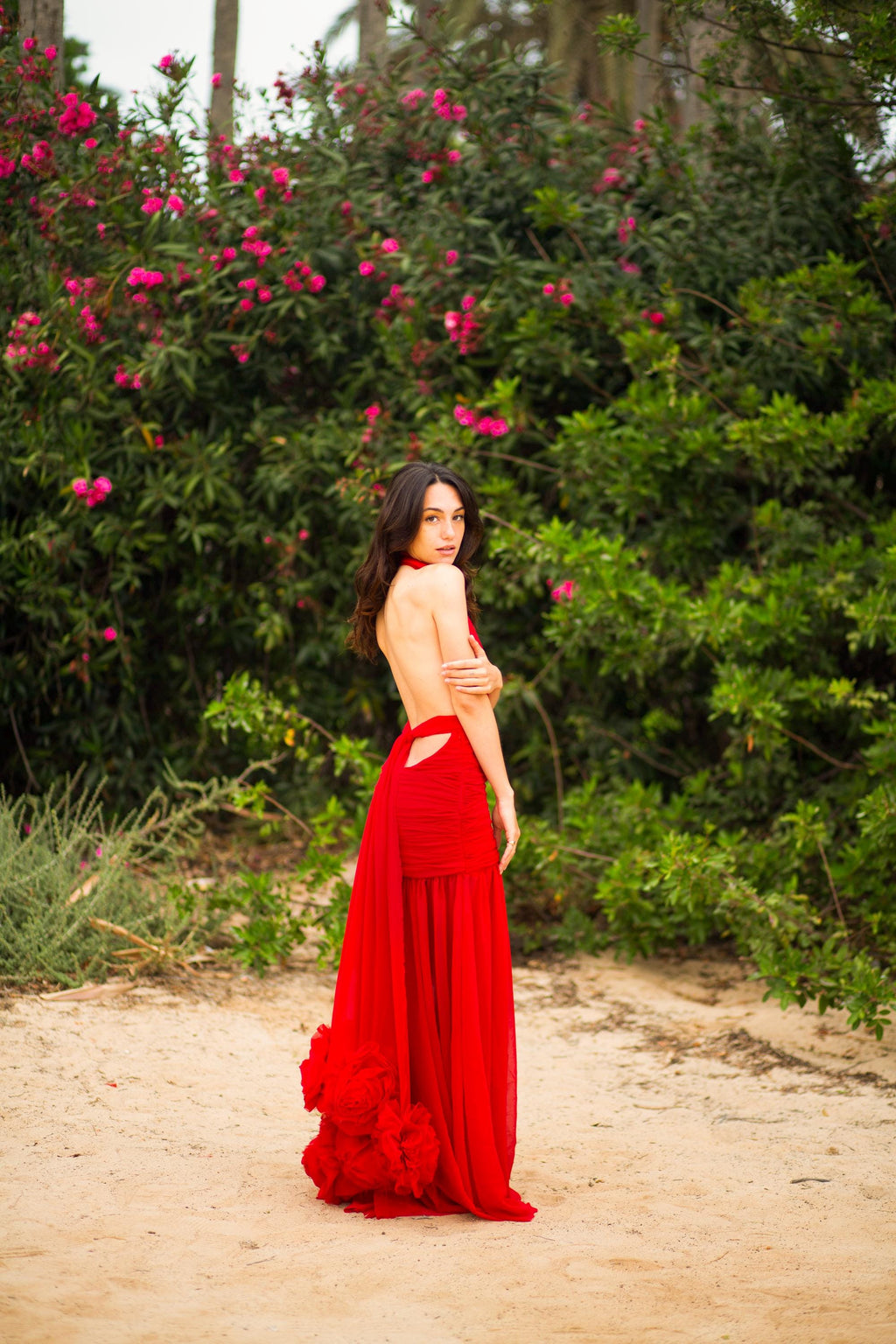 Robe Hollywood – Robe dos nu en mousseline de georgette avec ceinture ornée d'une rosette, sur mesure