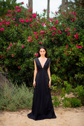 Robe de soirée en taffetas – Décolleté en V plongeant, longueur ras du sol avec fente latérale, sur mesure