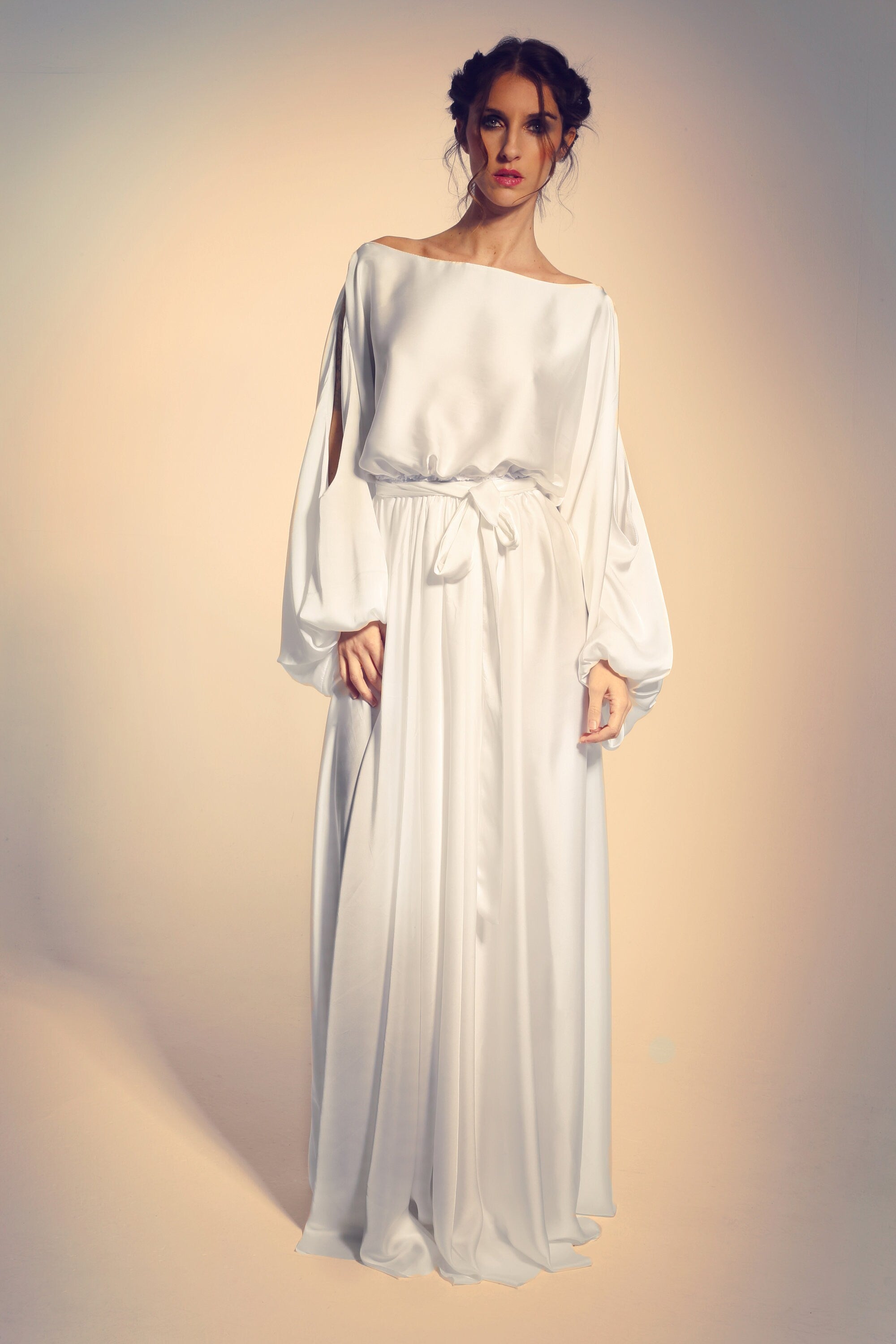 Off-Shoulder Satin Set – Balloon Sleeve Top & Maxi Skirt with Belt, Made to Measure