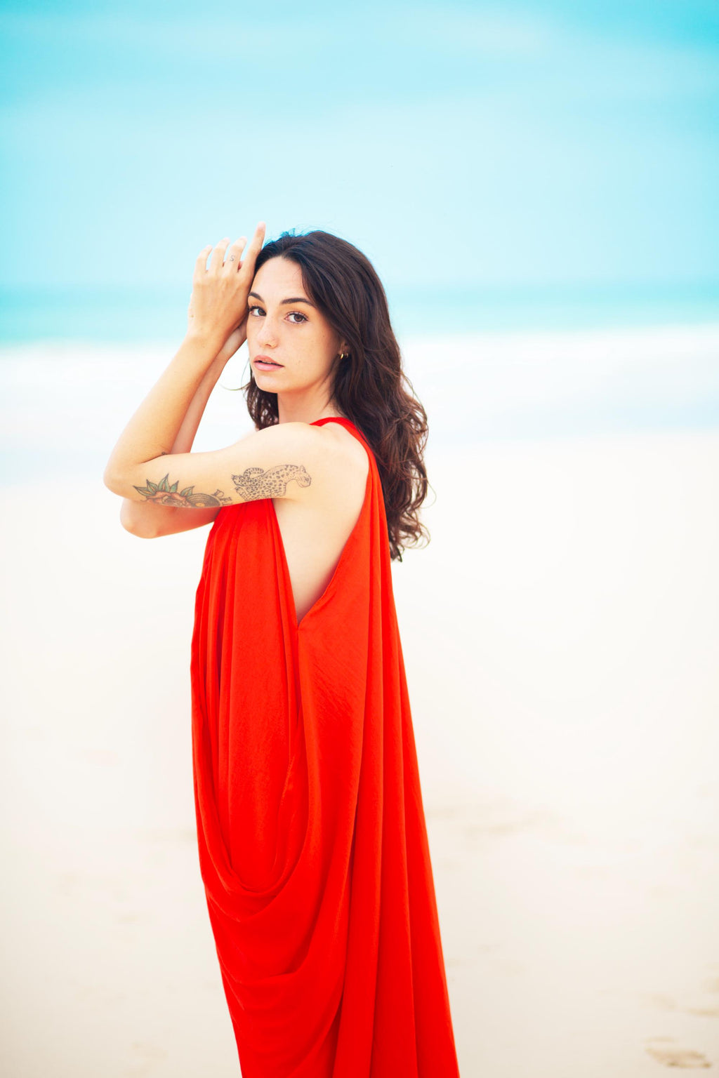 Draped Grecian Maxi Gown – Deep V-Neck, Side Slits & Toga Drape, Made to Measure
