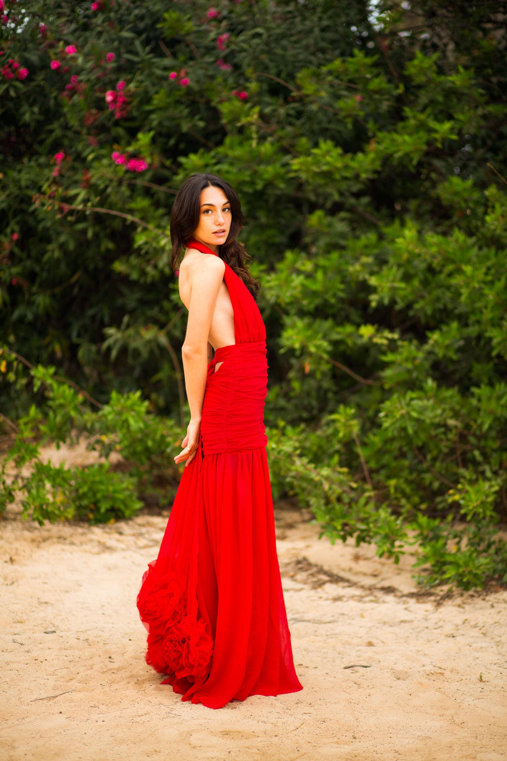 Robe Hollywood – Robe dos nu en mousseline de georgette avec ceinture ornée d'une rosette, sur mesure