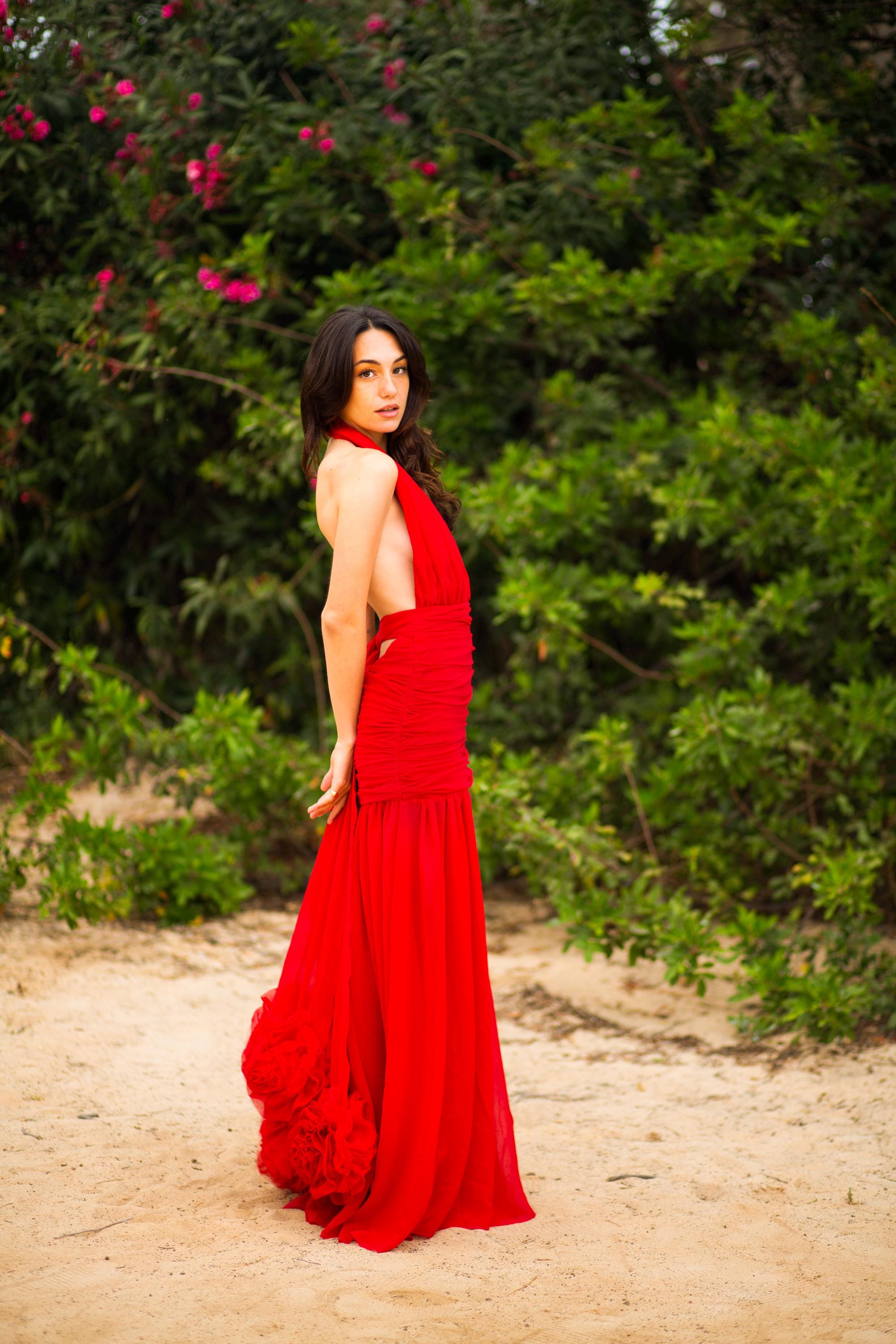 Robe Hollywood – Robe dos nu en mousseline de georgette avec ceinture ornée d'une rosette, sur mesure